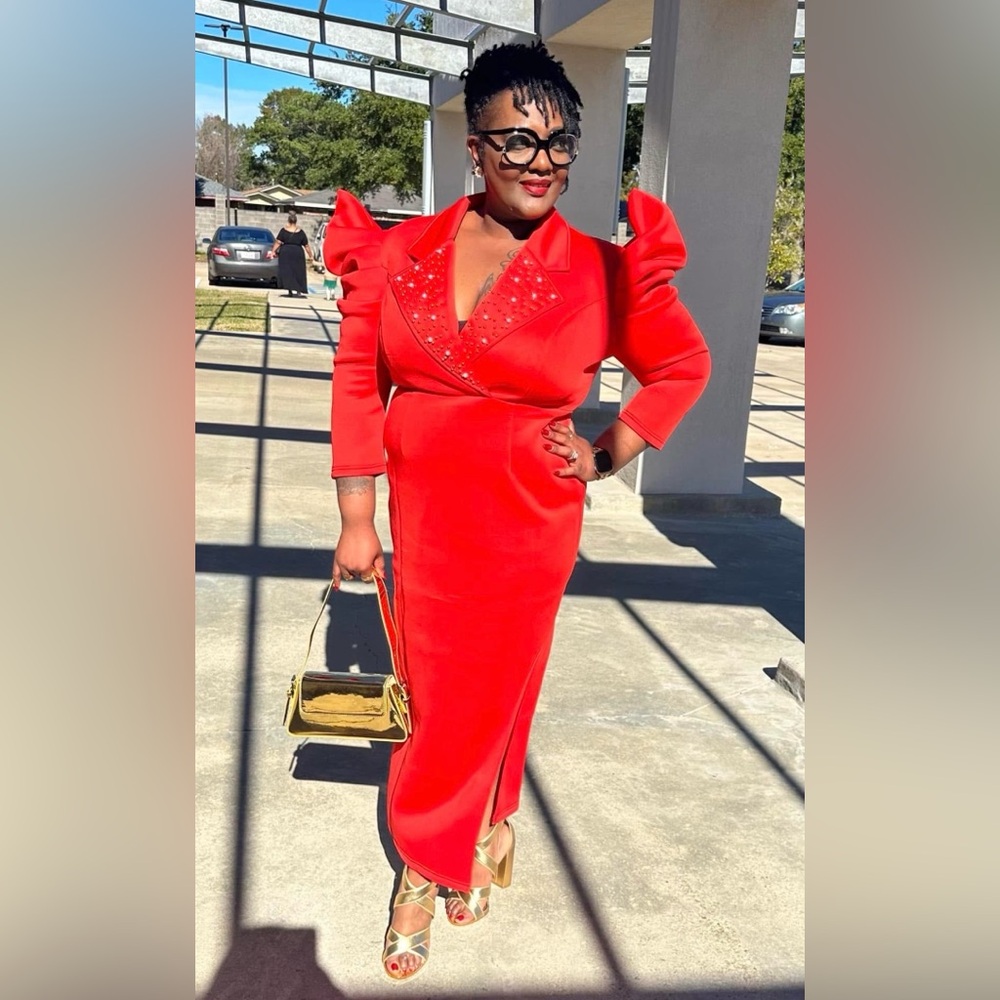 Pre-Loved Red Midi Dress with Embellished V-Neck, Puff Sleeve & Side Slit
